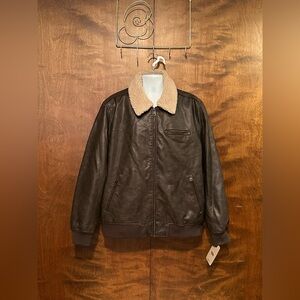 Levis Sherpa Collar Faux Leather Bomber Jacket Mens XL Brown Long Sleeve Aviator